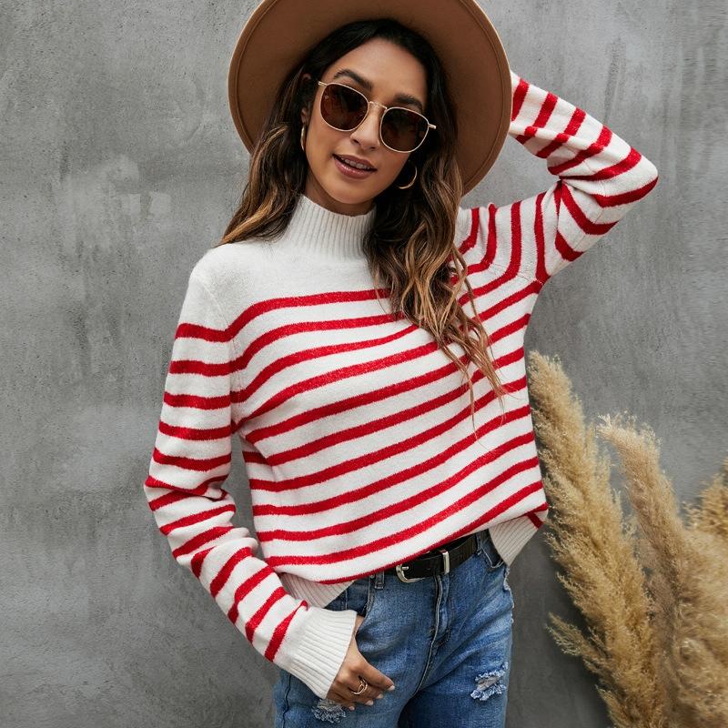 Women Striped Knitwear Loose Stand-Up Collar Pullover Sweater - Red And White - M