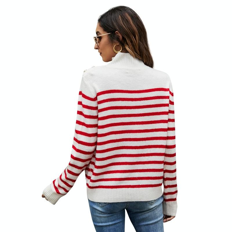 Women Striped Knitwear Loose Stand-Up Collar Pullover Sweater - Red And White - M