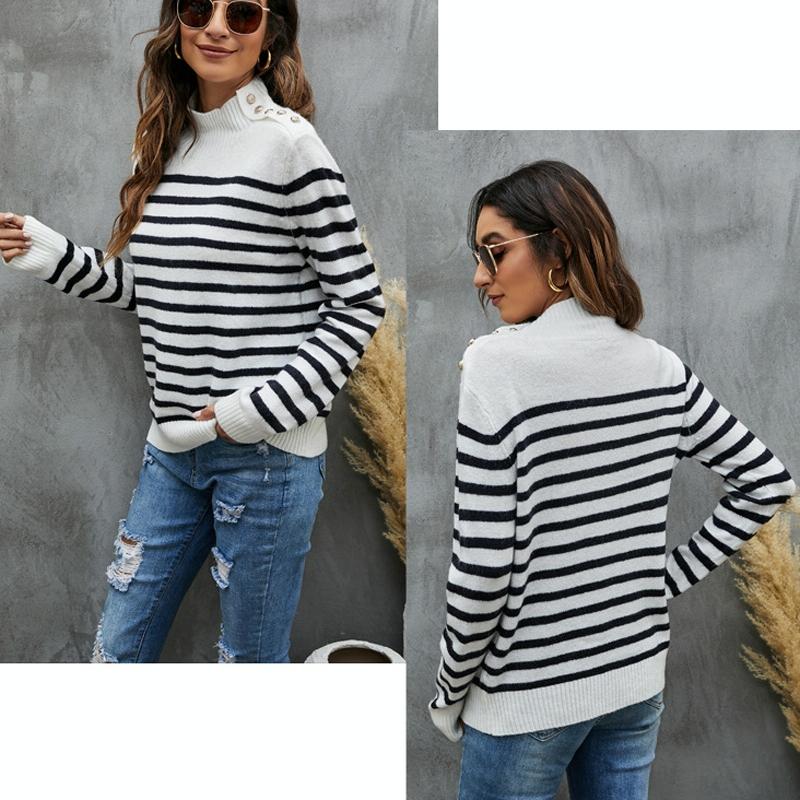 Women Striped Knitwear Loose Stand-Up Collar Pullover Sweater - Red And White - M