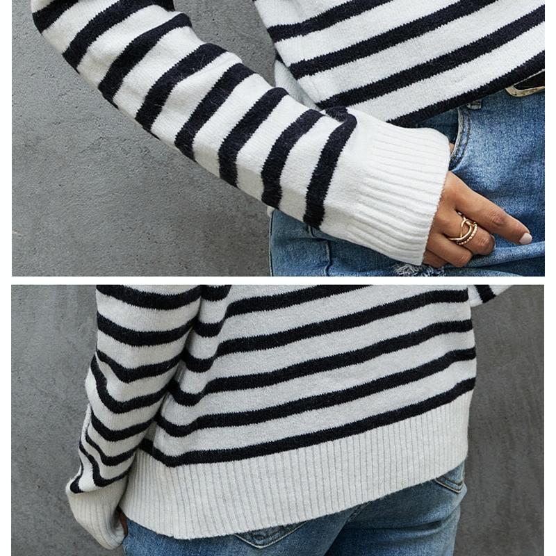 Women Striped Knitwear Loose Stand-Up Collar Pullover Sweater - Red And White - M