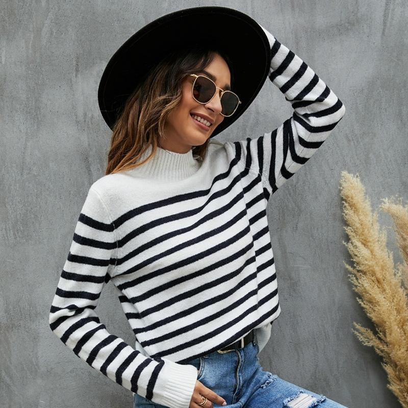 Women Striped Knitwear Loose Stand-Up Collar Pullover Sweater - Red And White - M