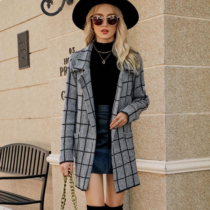 Autumn And Winter Long Sweater Collision Colour Knitted Cardigan Trench Coat - Light Grey - L