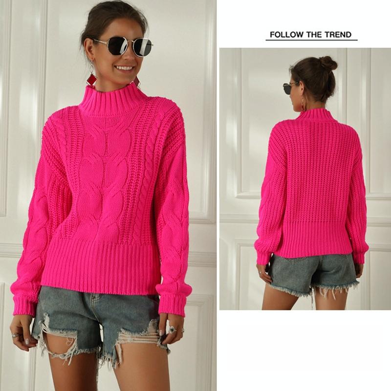 Women Fluorescent Colour Long Sleeve Stranded Flower Knit Sweater - Khaki - L