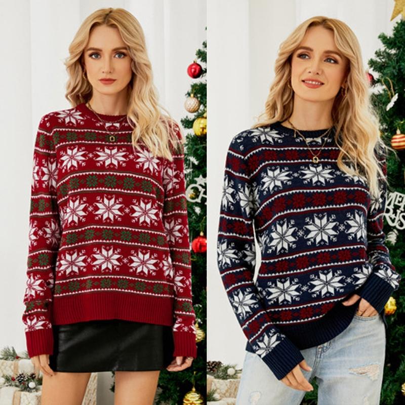 Women Round Neck Christmas Knitwear Long Sleeve Snowflake Christmas Sweater - Red - L