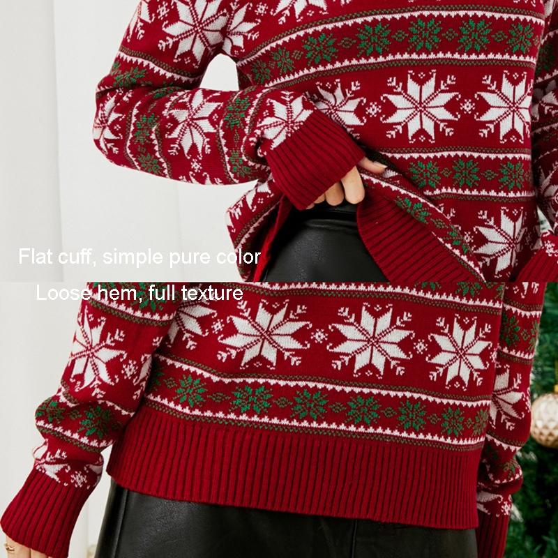 Women Round Neck Christmas Knitwear Long Sleeve Snowflake Christmas Sweater - Red - L