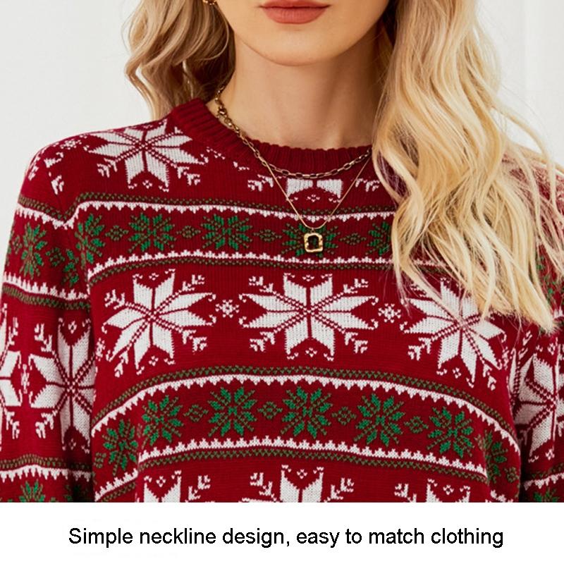 Women Round Neck Christmas Knitwear Long Sleeve Snowflake Christmas Sweater - Red - L