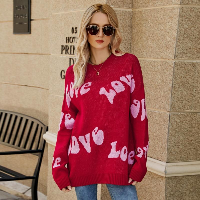 Women Round Neck Knitted Sweater Letters Jacquard Pullover Sweater - Size L - Red