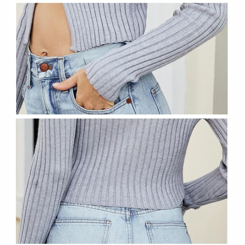 Female Sexy Navel Knit Sweater Slim Sweater Cardigan - Grey - L