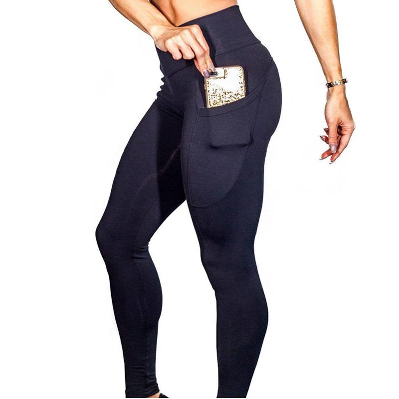 High Elastic Women Yoga Pants With Pockets Stretch Leggings For Jogging Workout And Running Size L - Black
