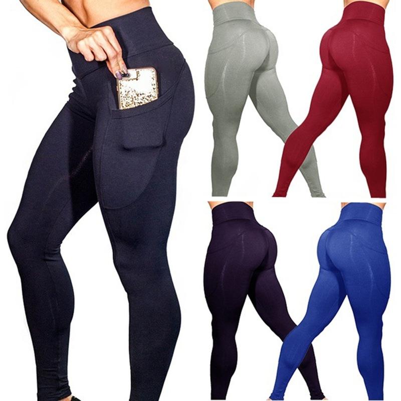 High Elastic Women Yoga Pants With Pockets Stretch Leggings For Jogging Workout And Running Size L - Black