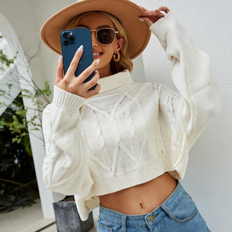 Solid Colour High Neck Pullover Knitted Top Short Stranded Flowers Knitted Sweater - White - Xl