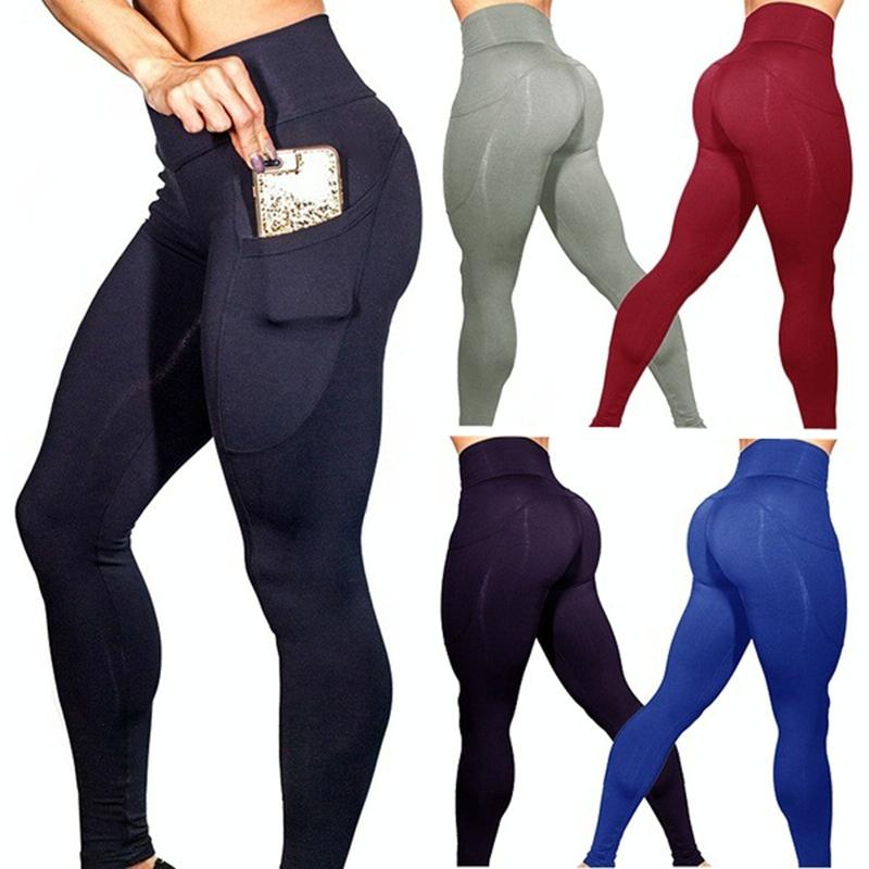 High Elastic Yoga Pants With Pockets For Women Jogging Workout Running Leggings Xl - Black - Xl