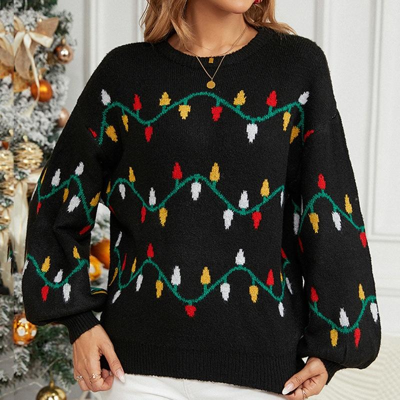 Women Christmas Sweater Sweet Loose Pullover Knit Sweater Black - Xl