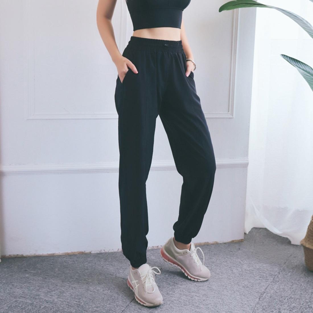 High Waist Drawstring Fitness Pants Black Size L - Black M