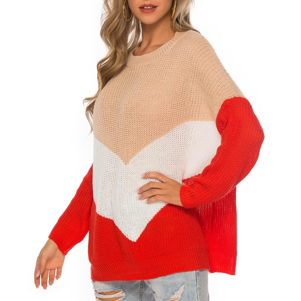 Hinged Knit Net Stitching Loose Sweater Round Neck Bottoming Shirt For Women Red - S