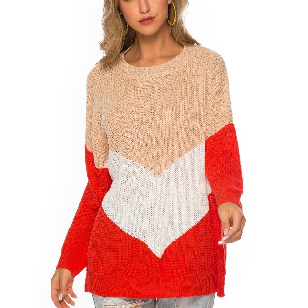 Hinged Knit Net Stitching Loose Sweater Round Neck Bottoming Shirt For Women Red - S