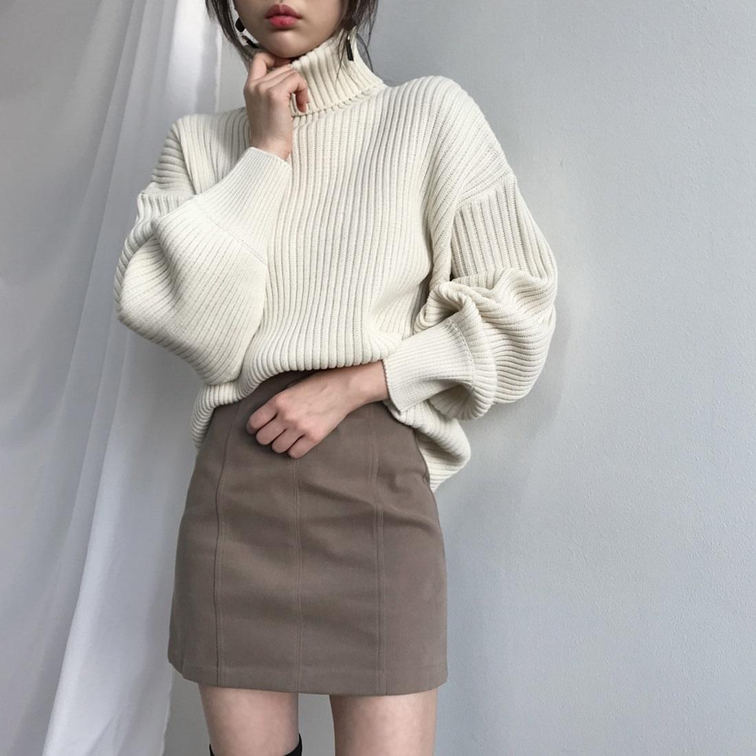 Solid Colour Turtleneck Outer Wear Pullover Casual Sweater Beige - Free Size - Beige Free Size