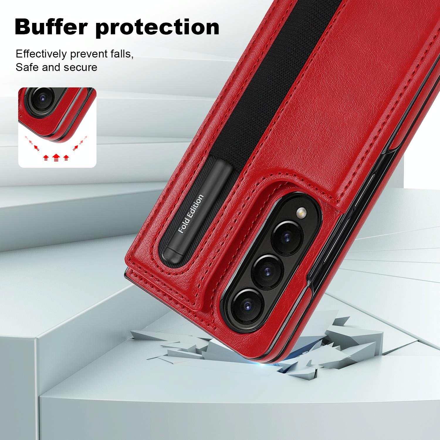 For Samsung Galaxy Z Fold4 5G Double Buckle Foldable Phone Case With Pen Slot - Black