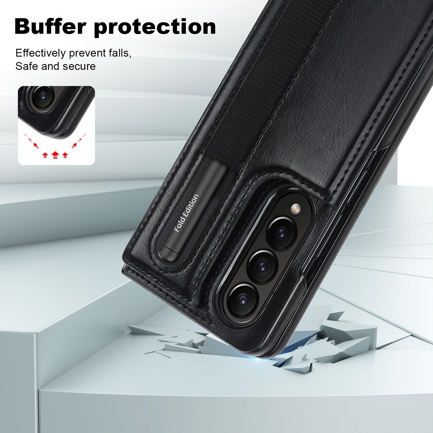 For Samsung Galaxy Z Fold4 5G Double Buckle Foldable Phone Case With Pen Slot - Black