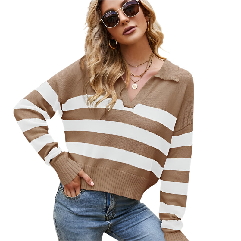 Women Lapel Cotton Knit Top Loose Stripes Hit Colour Pullover Sweater - Brown -White - Xs