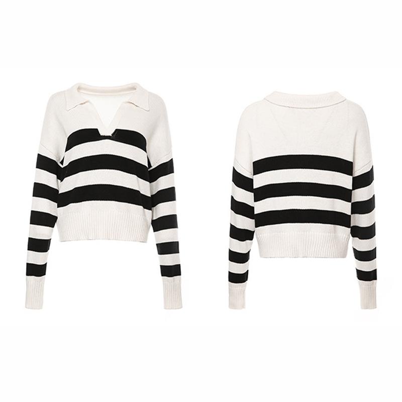Women Lapel Cotton Knit Top Loose Stripes Hit Colour Pullover Sweater - Brown -White - Xs
