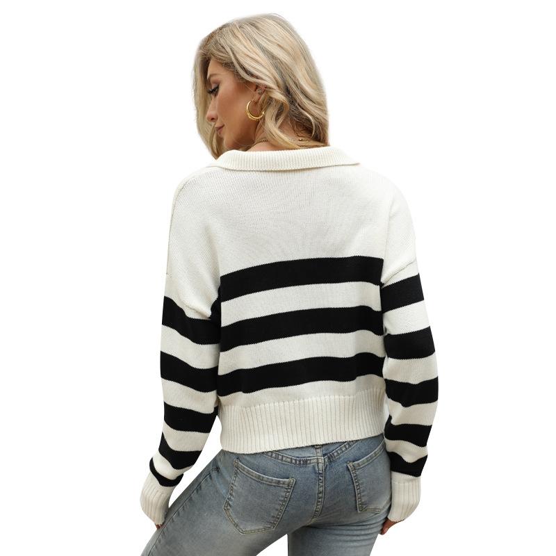 Women Lapel Cotton Knit Top Loose Stripes Hit Colour Pullover Sweater - Brown -White - Xs