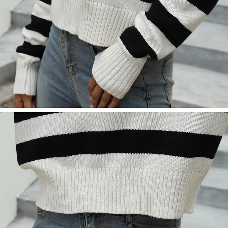 Women Lapel Cotton Knit Top Loose Stripes Hit Colour Pullover Sweater - Brown -White - Xs