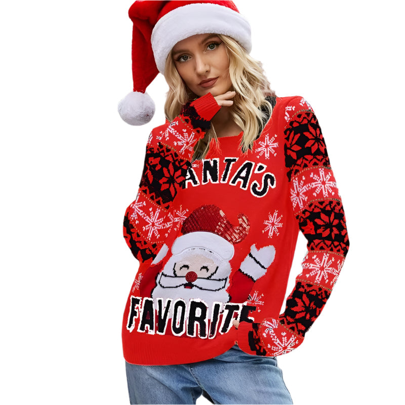 Christmas Women Pullover Sweater Santa Claus Embroidery Crew Neck Knit Sweater - Black - S
