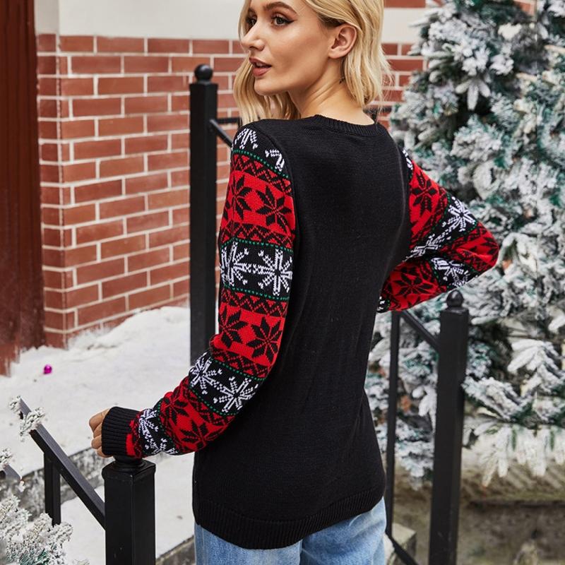 Christmas Women Pullover Sweater Santa Claus Embroidery Crew Neck Knit Sweater - Black - S