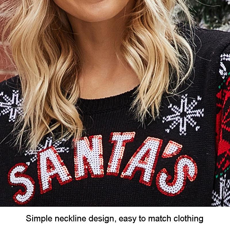 Christmas Women Pullover Sweater Santa Claus Embroidery Crew Neck Knit Sweater - Black - S