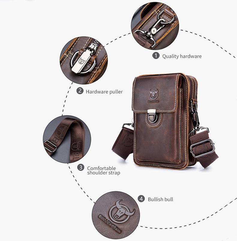 Men First Layer Cowhide Waist Bag Multi Function - Brown