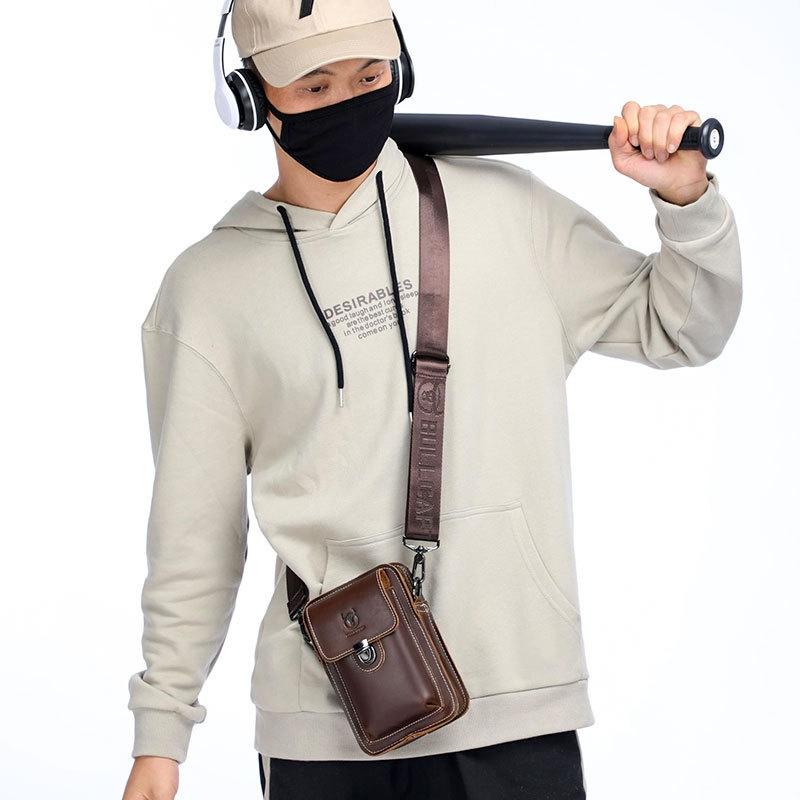 Men First Layer Cowhide Waist Bag Multi Function - Brown
