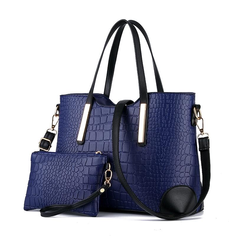 Vintage 2-in-1 Messenger Bag with Crocodile Pattern and Leather Wallet - Dark Blue