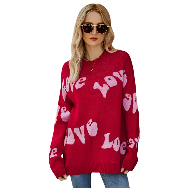 Women Round Neck Knitted Sweater Letters Jacquard Pullover Sweater - Size S - Black