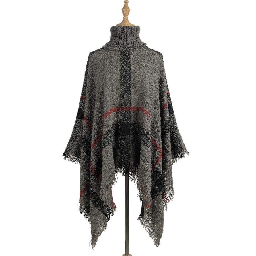 Women Mid-Length Turtleneck Sweater Fringed Cloak Shawl - Size Free Size - Grey