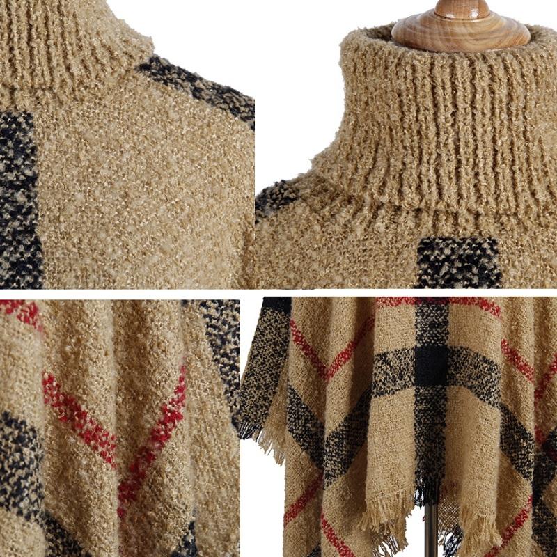Women Mid-Length Turtleneck Sweater Fringed Cloak Shawl - Size Free Size - Grey