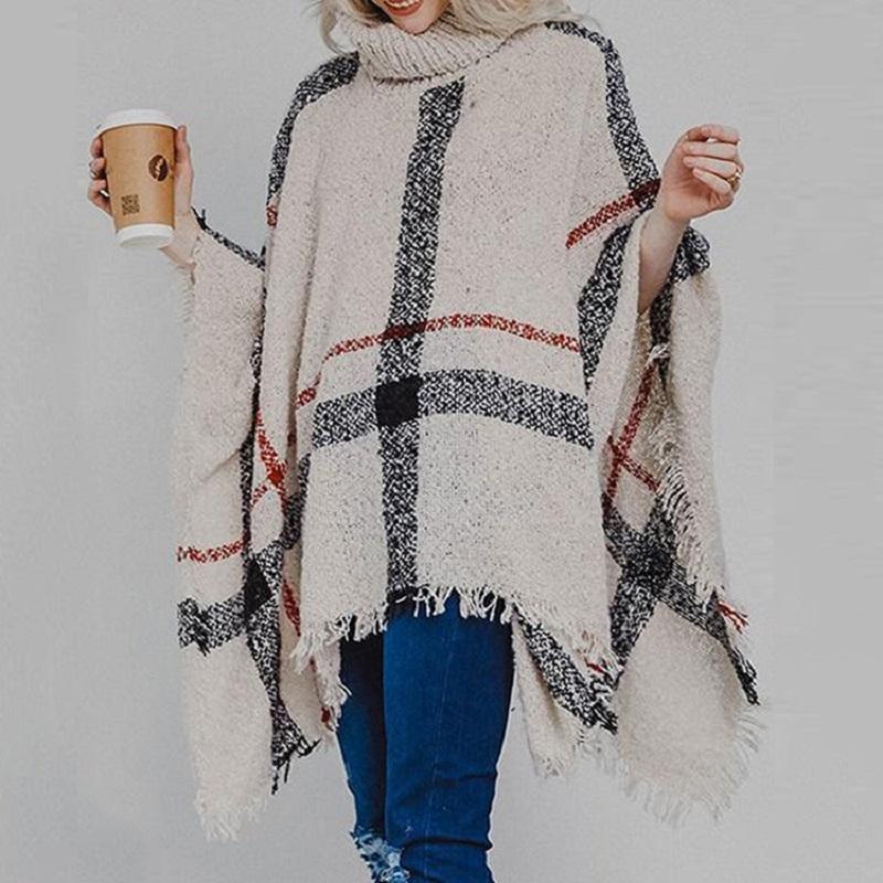 Women Mid-Length Turtleneck Sweater Fringed Cloak Shawl - Size Free Size - Grey