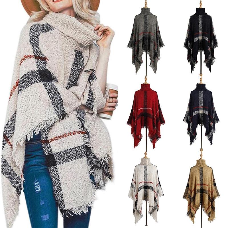 Women Mid-Length Turtleneck Sweater Fringed Cloak Shawl - Size Free Size - Grey