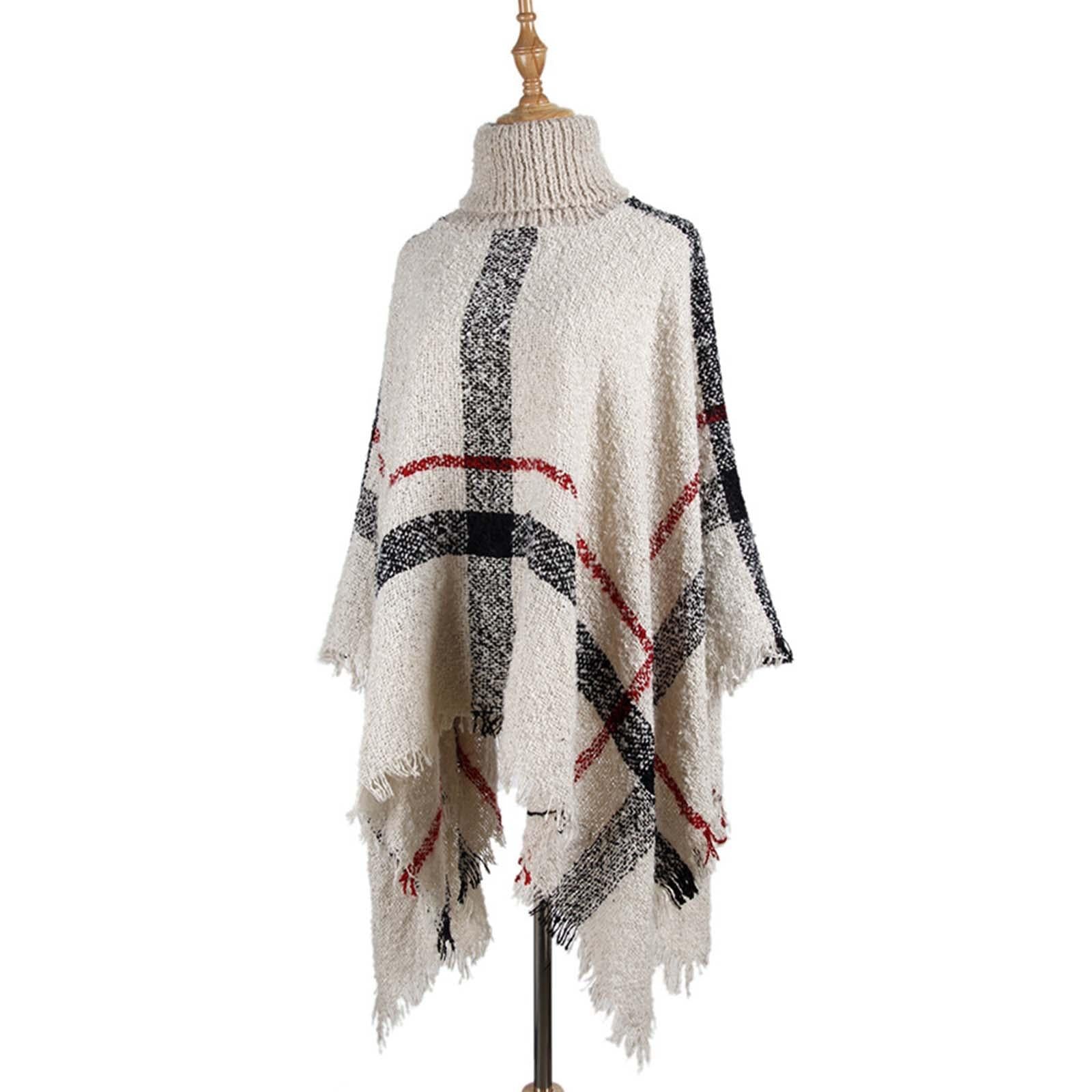 Women Mid-Length Turtleneck Sweater Fringed Cloak Shawl - Size Free Size - Grey