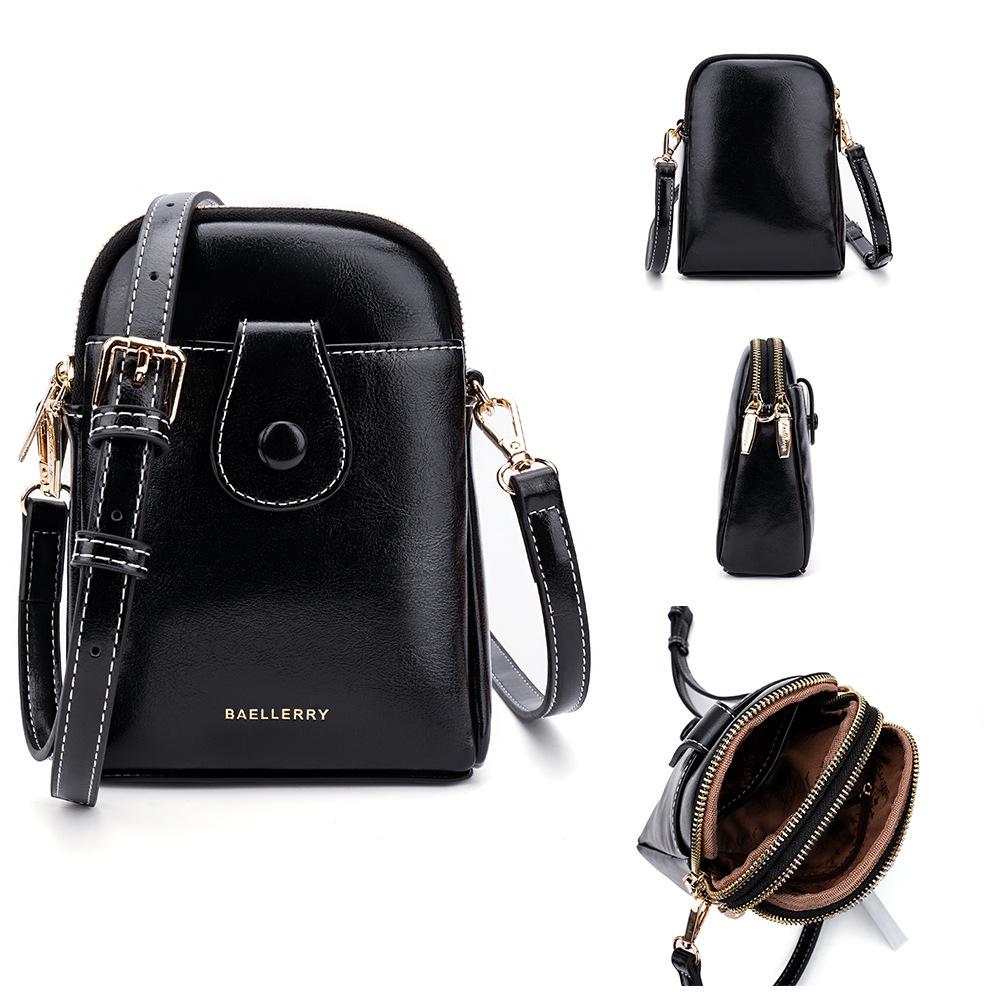 Oil Wax Leather Double Zip Crossbody Phone Bag - Black