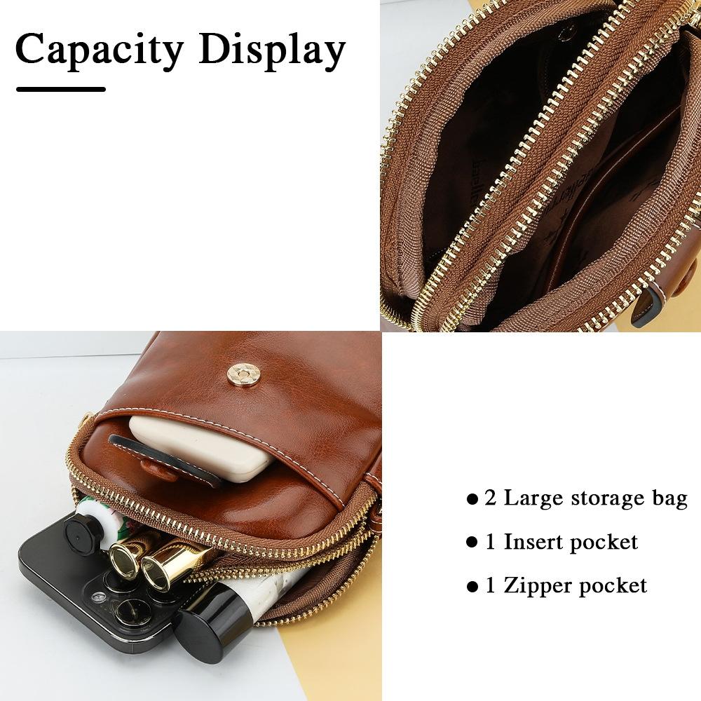 Oil Wax Leather Double Zip Crossbody Phone Bag - Black