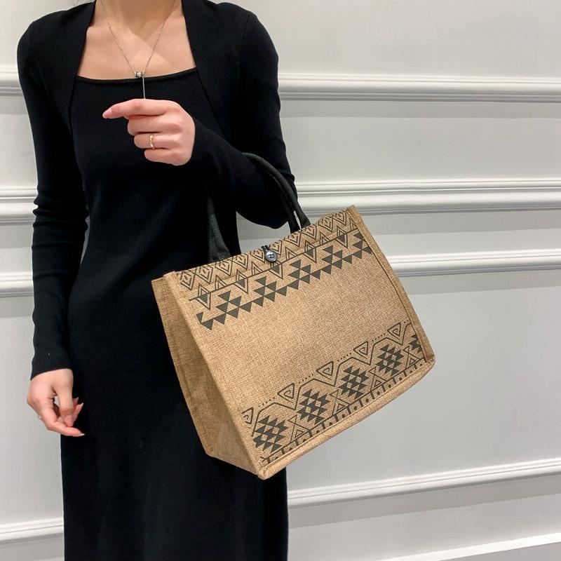 Simple Linen Tote Bag with Large Capacity - Style Print - Semicircle