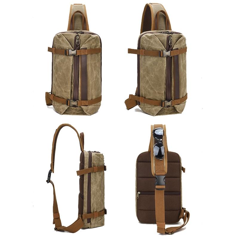 Retro Waxed Canvas Chest Bag Large Capacity Shoulder Crossbody Bag For Men - Khaki