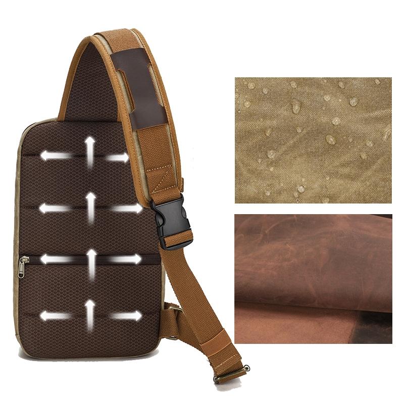 Retro Waxed Canvas Chest Bag Large Capacity Shoulder Crossbody Bag For Men - Khaki