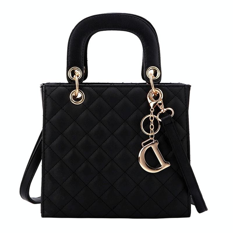 Leather Crossbody Bag with Rhombus Pattern for Women - Black