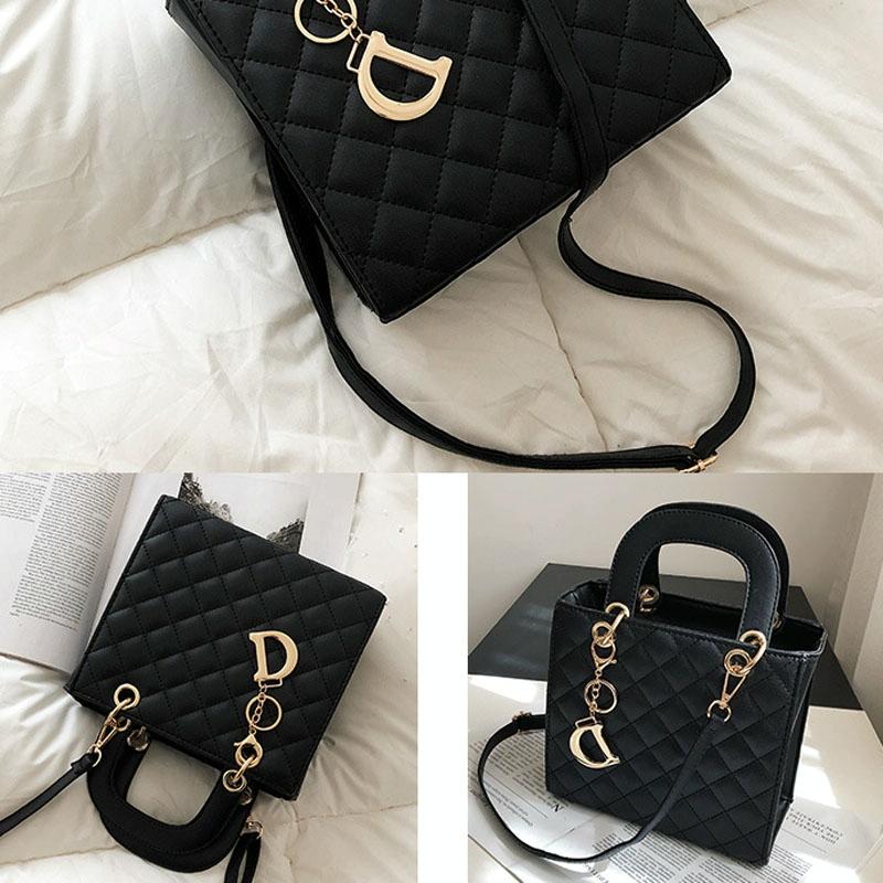 Leather Crossbody Bag with Rhombus Pattern for Women - Black