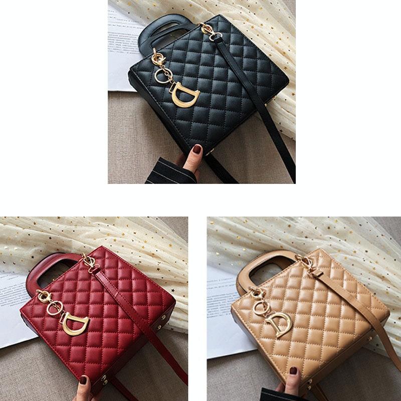 Leather Crossbody Bag with Rhombus Pattern for Women - Black