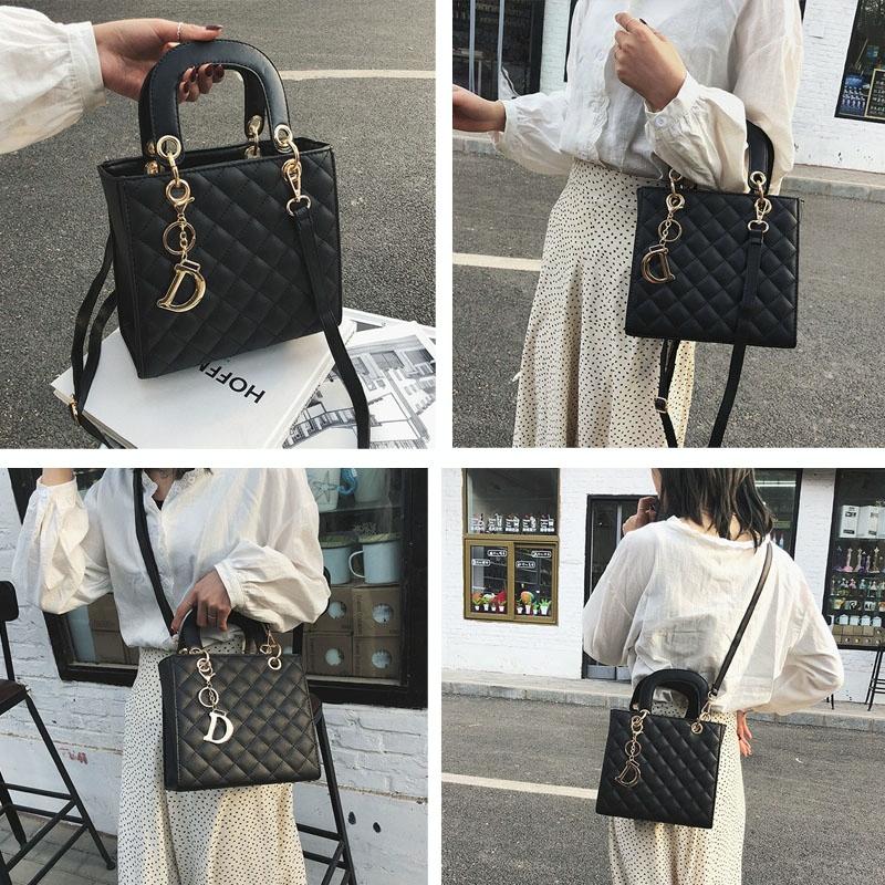 Leather Crossbody Bag with Rhombus Pattern for Women - Black