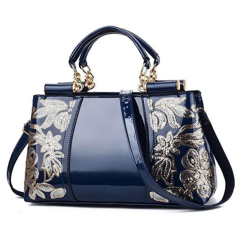 Shiny Leather Handbag with Single-sided Embroidery - Blue