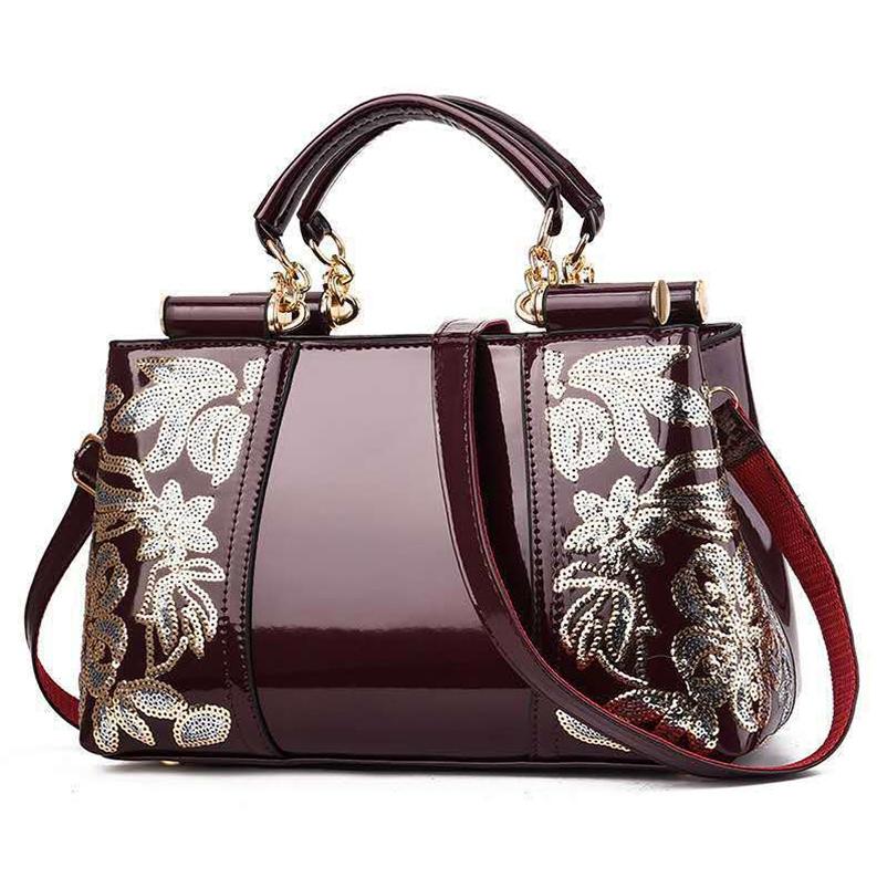 Shiny Leather Handbag with Single-sided Embroidery - Blue